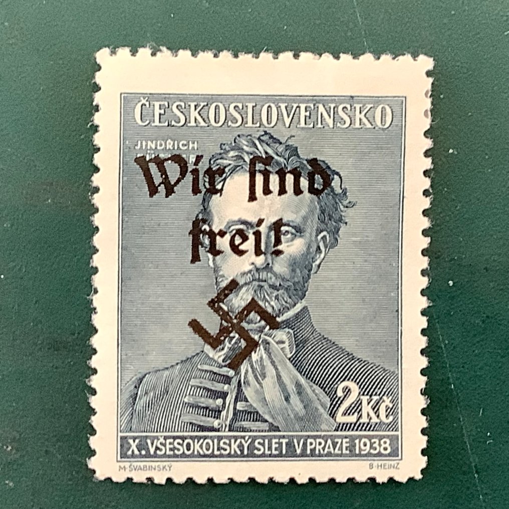 波希米亚和摩拉维亚 1938 - Rumburg:2 克朗邮票,Fuger,带有‘我们已获释’的印刷——最新的完好无损检验报告由 Brunel 出具。 - Michel 50 #1.0