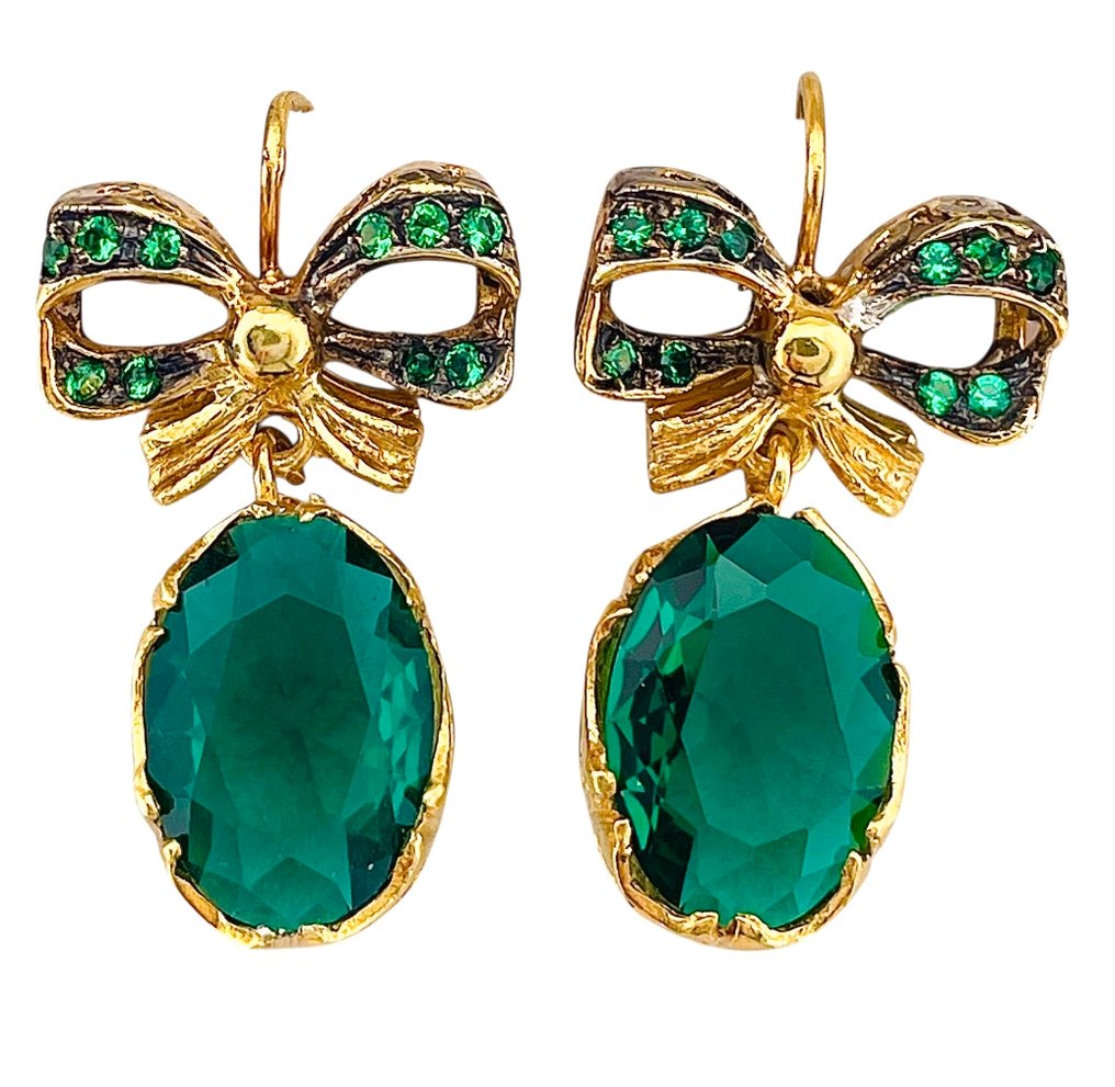 没有保留价 - 耳环 - 9 kt. 黄金, 银 祖母绿 - 祖母绿 #1.0