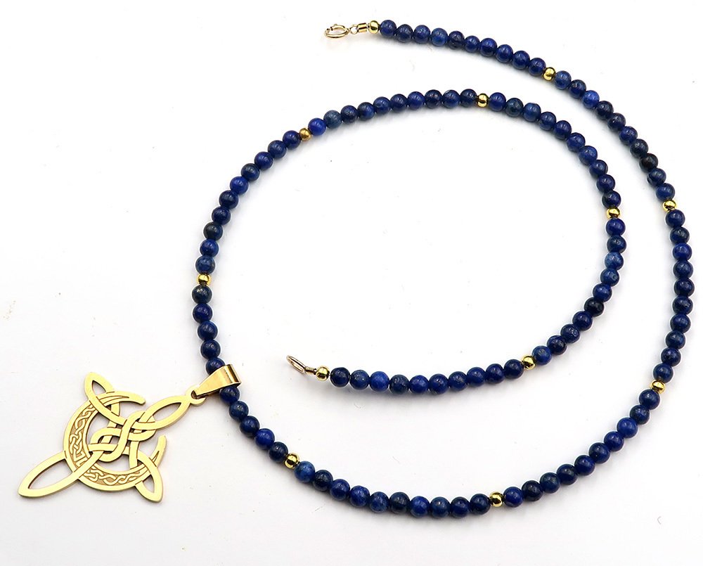 青金石 - 凯尔特十字，月亮 - 灵性连接与自我表达 - 14K金填充扣环 - 吊坠项链 #3.2