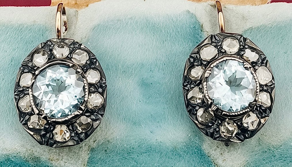 Senza prezzo di riserva - Orecchini - 9 kt Oro rosa, Argento Acquamarina - Diamante #1.0