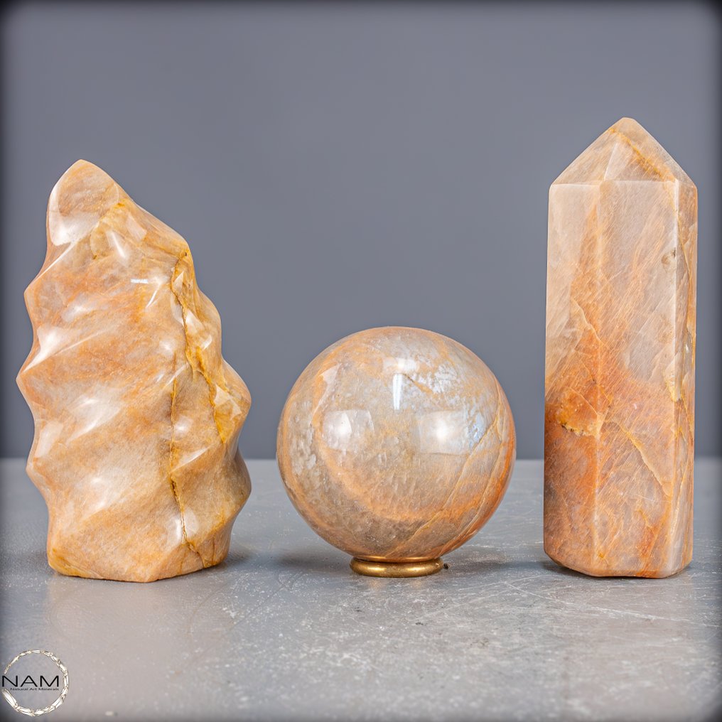 天然桃子月光石套装 Flamme、Kugel 和 Obelisk 在温暖的和谐中- 1582.11 g - (3) #4.3