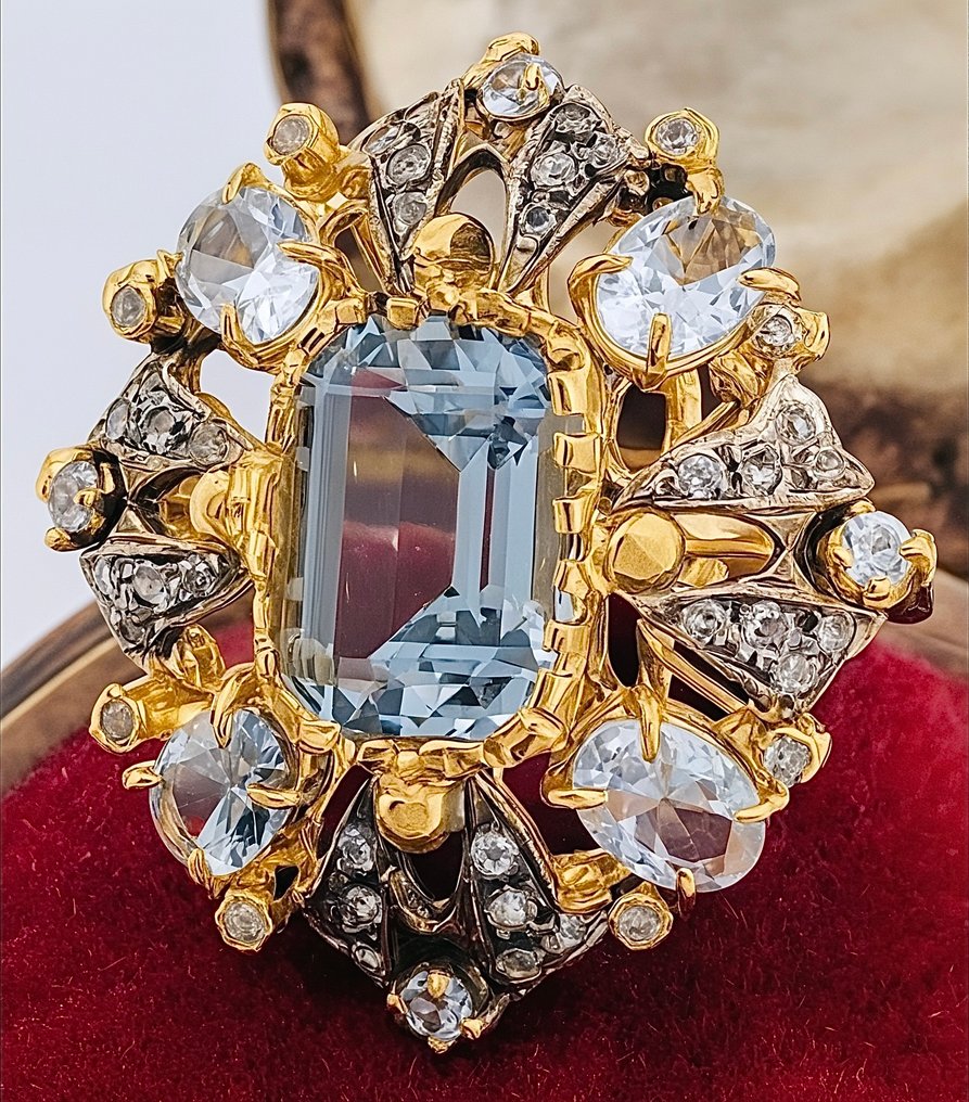 Ohne mindestpreis - Ring - 9 Kt Gelbgold, Silber Aquamarin - Aquamarin #2.1