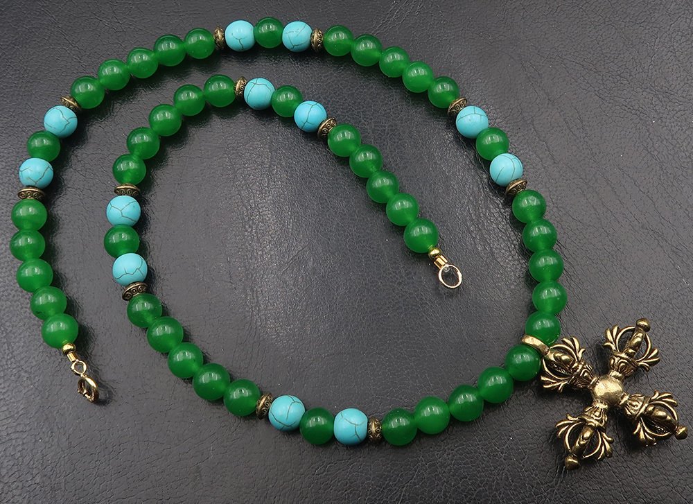 翡翠、海蓝宝石、绿松石项链，佛教项链，双多杰/金刚杵，保护作用，14K GF金扣 - 吊坠项链 #4.3