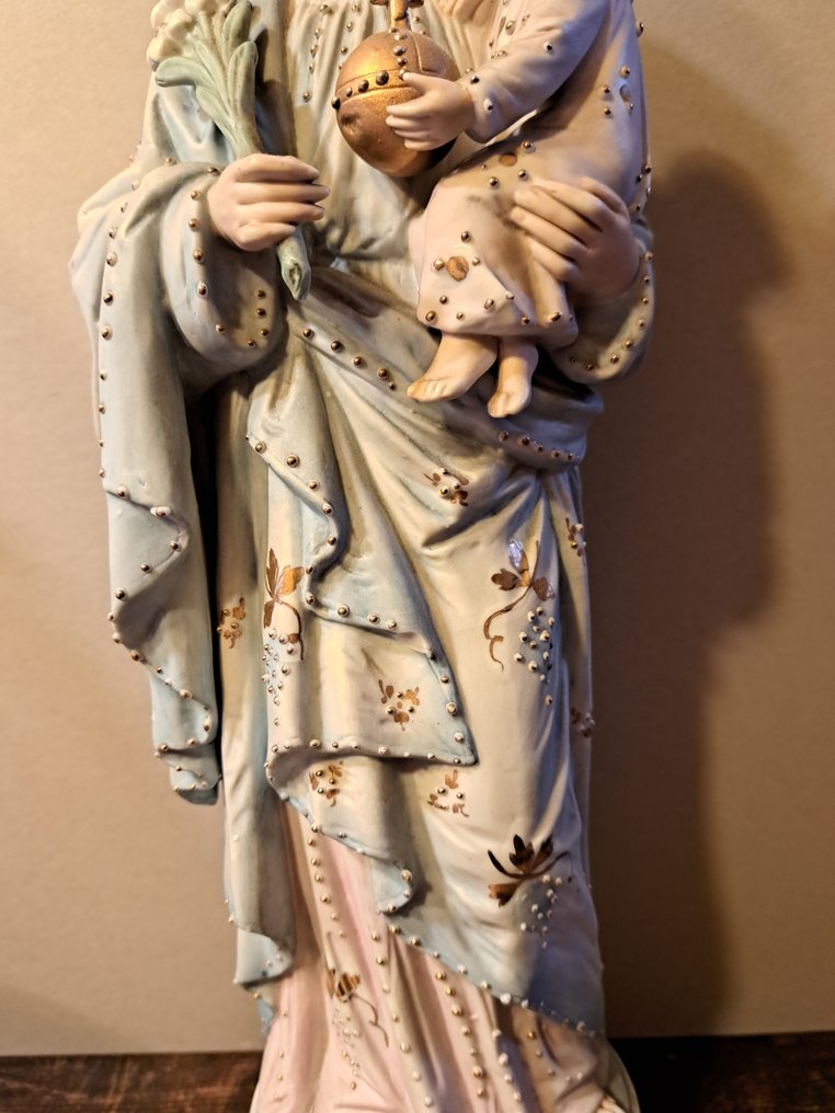 Statua, XL Hoogte 47 Cm Zwaar 2.5 Kilo Prachtig  Antiek Circa 1880 Handbeschilderd Blauw Goud Porselein - 47 cm - Porselein Bisque - 1880 #4.3