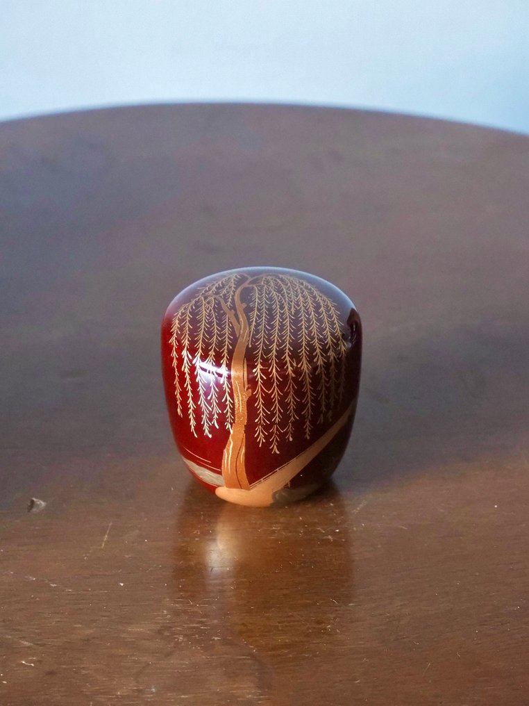 Natsume - Willow and Bridge Maki-e Lacquer Tea Caddy - Wood, lacquer - Lacquered Tea Caddy #1.0