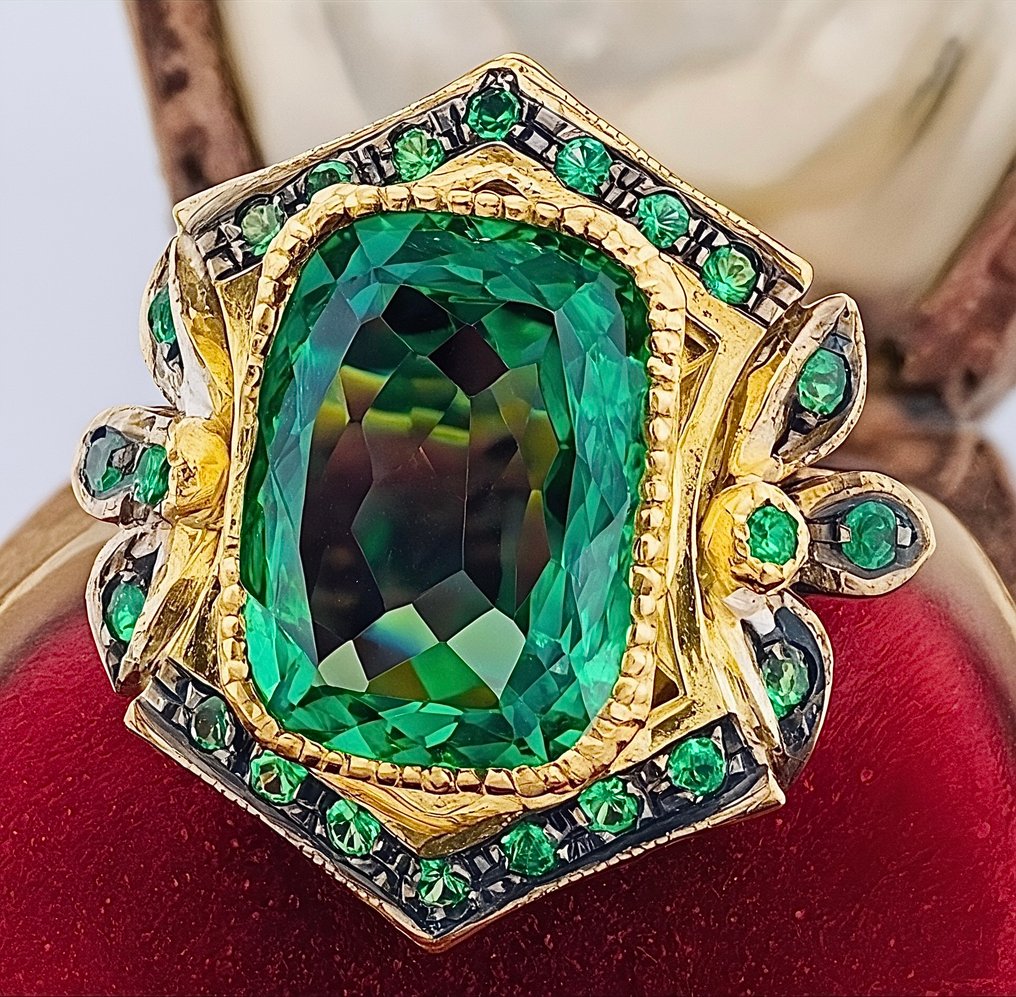 χωρίς τιμή ασφαλείας - Δαχτυλίδι - 9 kt. Κίτρινο χρυσό, Ασημί Σμαράγδι - Σμαράγδι #2.1