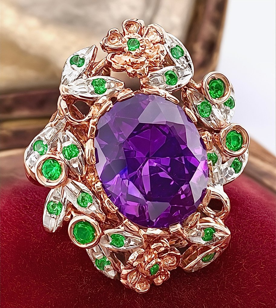 No reserve price - Ring - 9 kt. Rose gold, Silver Amethyst - Emerald #3.2