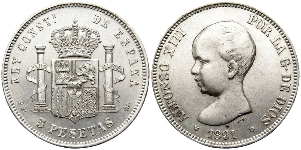 Spagna. Alfonso XIII. 5 Pesetas Acuñadas en Madrid en 1891 *91* (Senza prezzo di riserva) #2.1