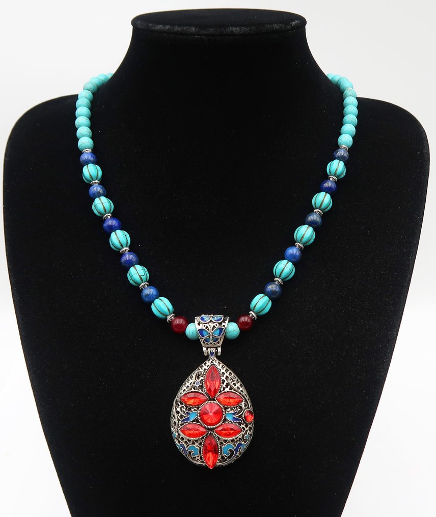 青金石 - 红宝石 - 海蓝宝石绿松石 - 佛教冥想项链 - 驱除负能量 - 银色扣环 - 吊坠项链 #1.0