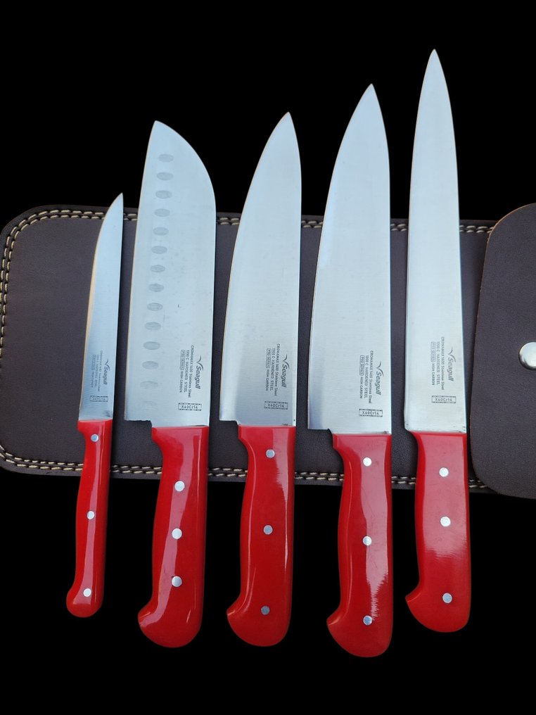 厨刀 - Chef's knife -  手工制作的厨房刀具 - 钢, 皮革, 碳纤维 - 美国 - 配有皮革袋 #3.2