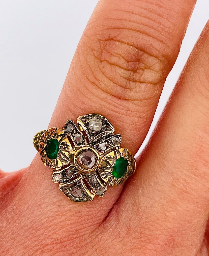 沒有保留價 - 戒指 - 9 節 黃金, 銀 鉆石 (天然)  - 祖母綠 #3.2