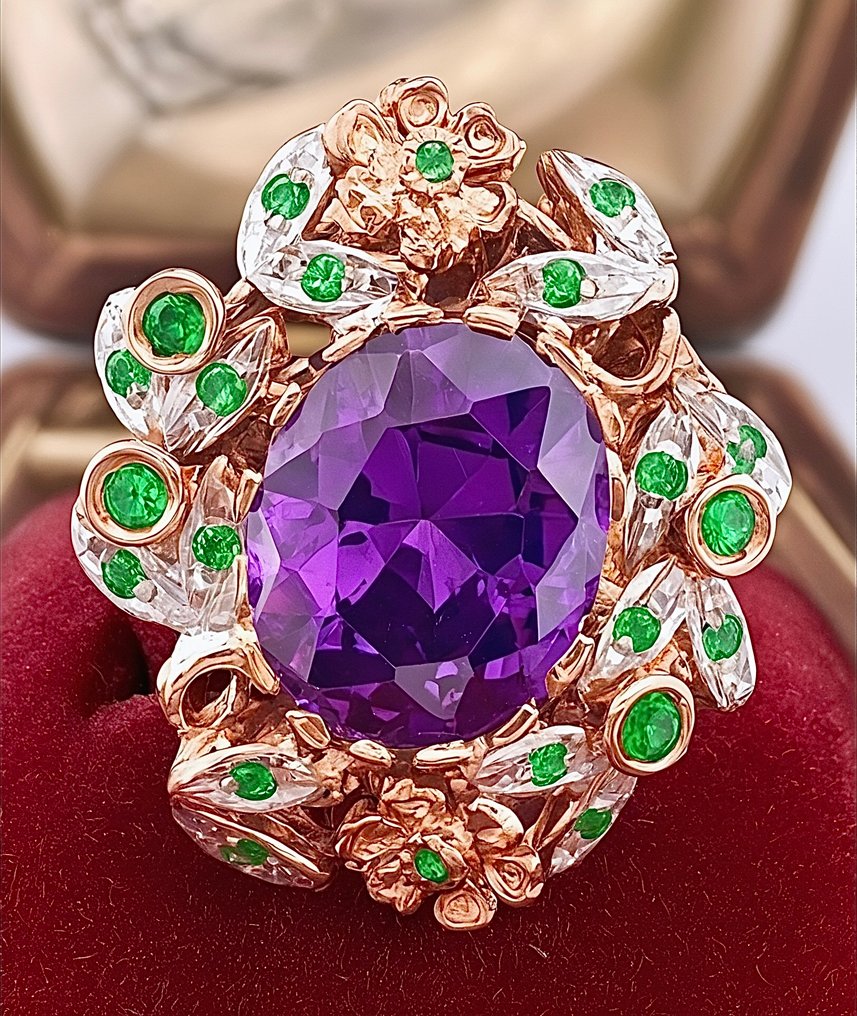No reserve price - Ring - 9 kt. Rose gold, Silver Amethyst - Emerald #1.0