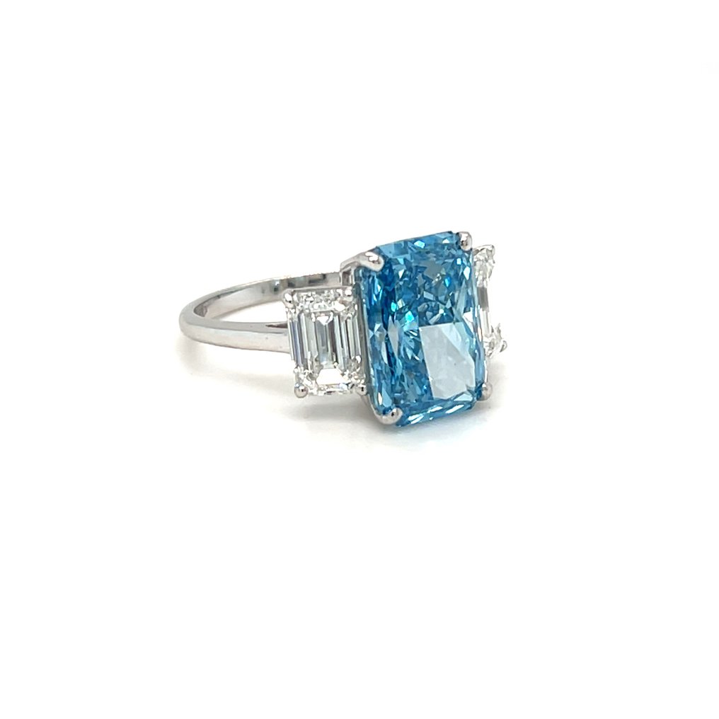 Ring - 14 kt. White gold - 6.04ct. tw. Blue Diamond (Fancy coloured lab-grown diamond) - Diamond #3.2