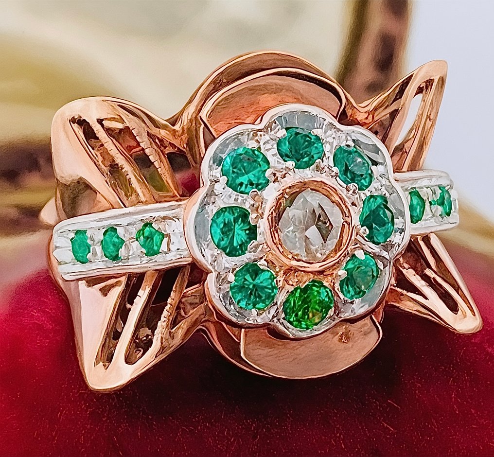 Sans prix de réserve - Bague - 9 carats Or rose, Argent Diamant (Naturelle) - Émeraude #2.1