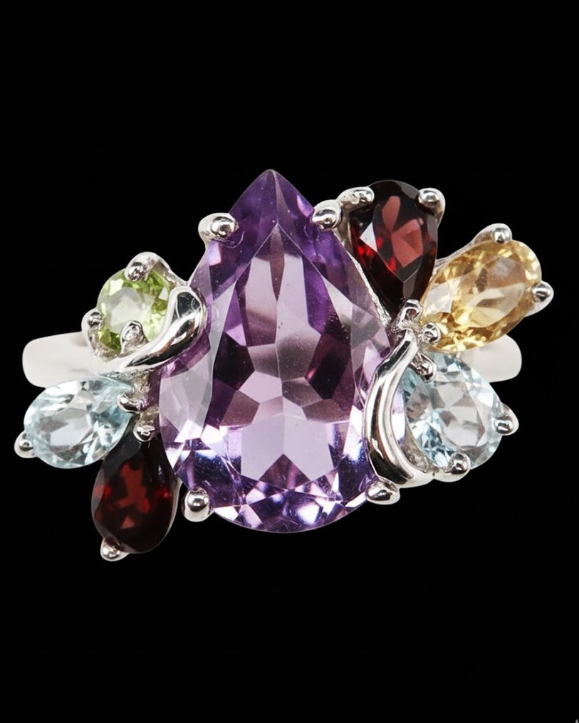紫水晶 - 银, “五宝花园”戒指：平衡与生活的喜悦——蓝宝石、石榴石、橄榄石——银质。 - 戒指 #1.0