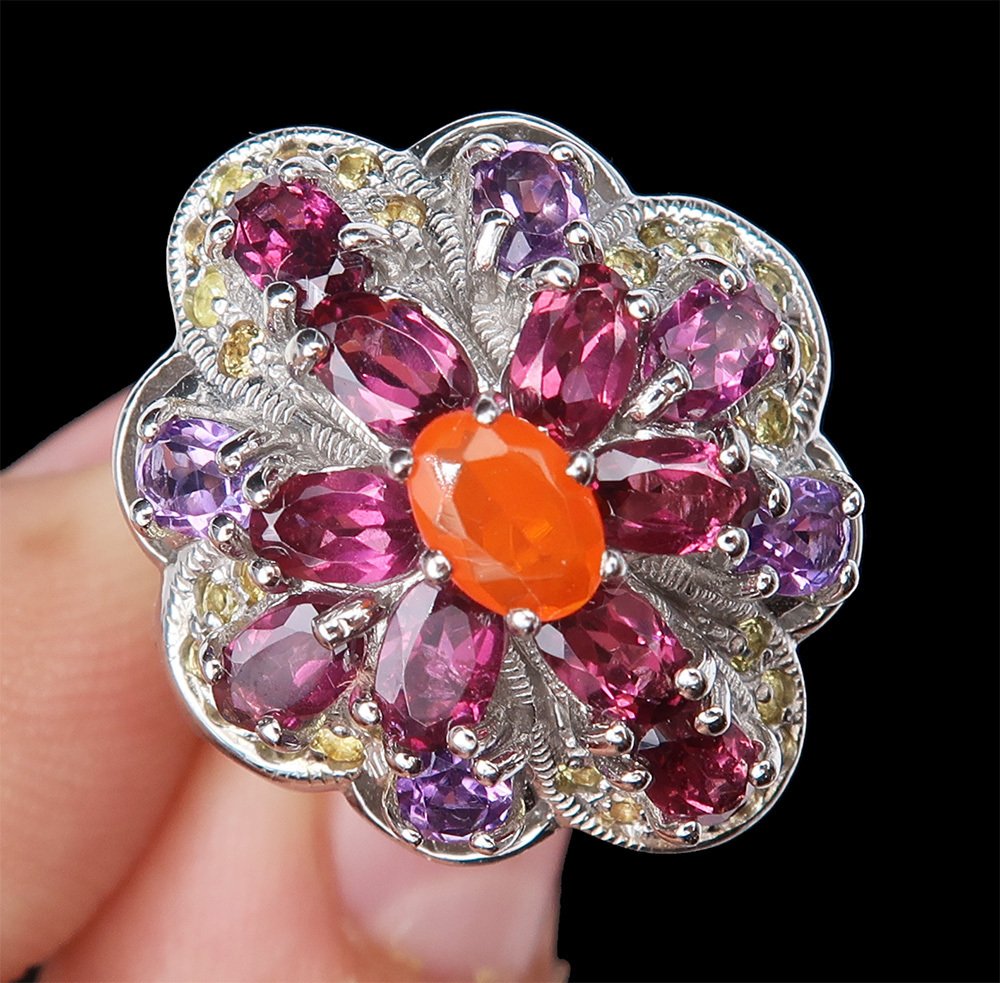 火蛋白石 - 银, 火焰欧泊戒指“太阳心”：热情、创造力与活力——925纯银、蓝宝石、紫水晶 - 戒指 #3.2