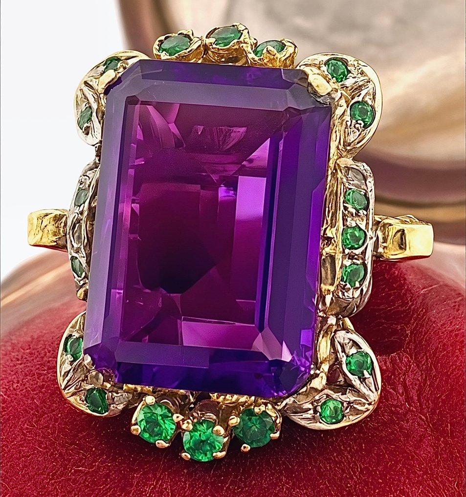 Senza prezzo di riserva - Anello - 9 kt Oro giallo, Argento Ametista - Smeraldo #2.1