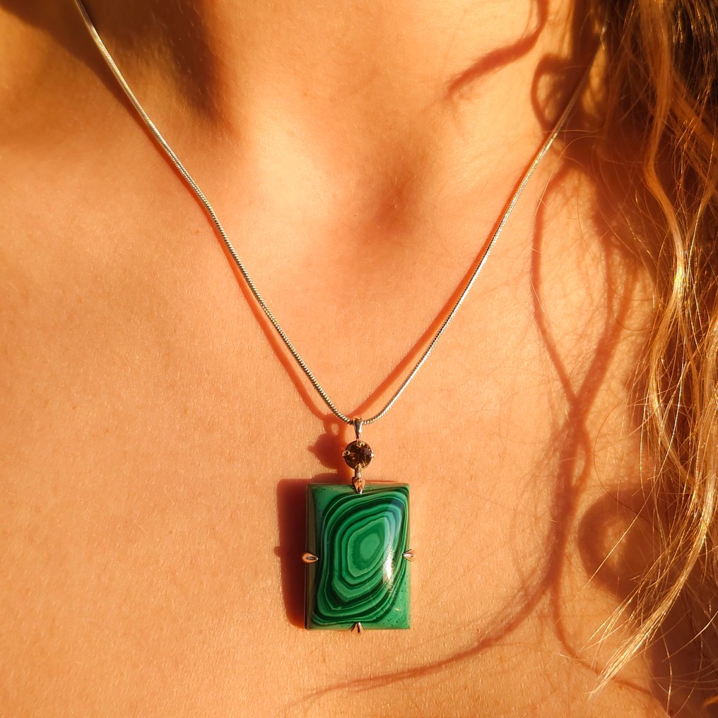 Silber - Anhänger - 42 ct, Malachit, Hervorragend! #3.2