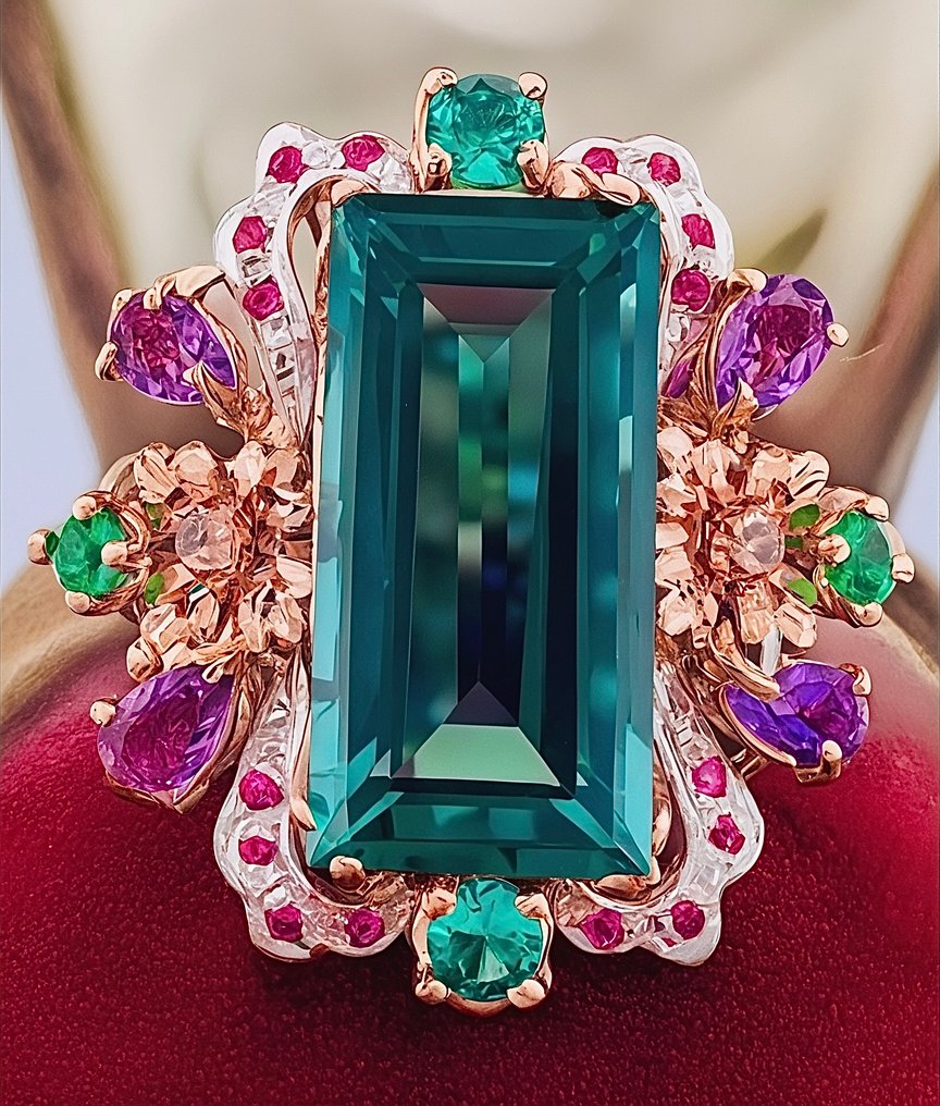 没有保留价 - 戒指 - 9 kt. 玫瑰金, 银 电气石 - 混合宝石 #1.0