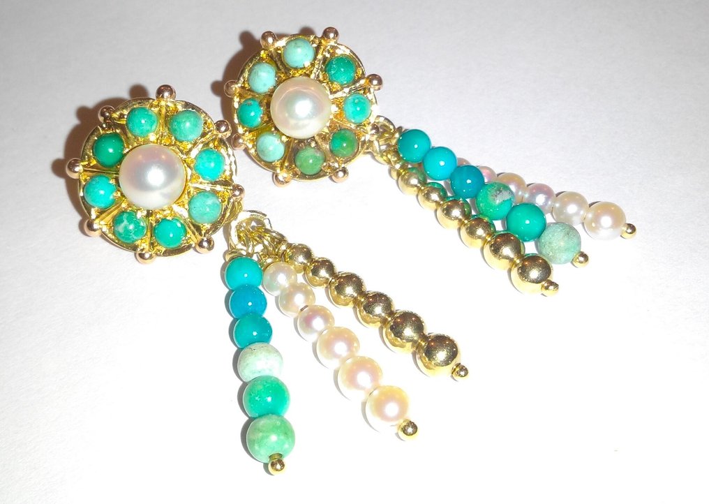 χωρίς τιμή ασφαλείας - Σκουλαρίκια με κλιπ 14 καρατίων κίτρινο χρυσό - καλλιεργημένες πέρλες και τουρκουάζ #1.0