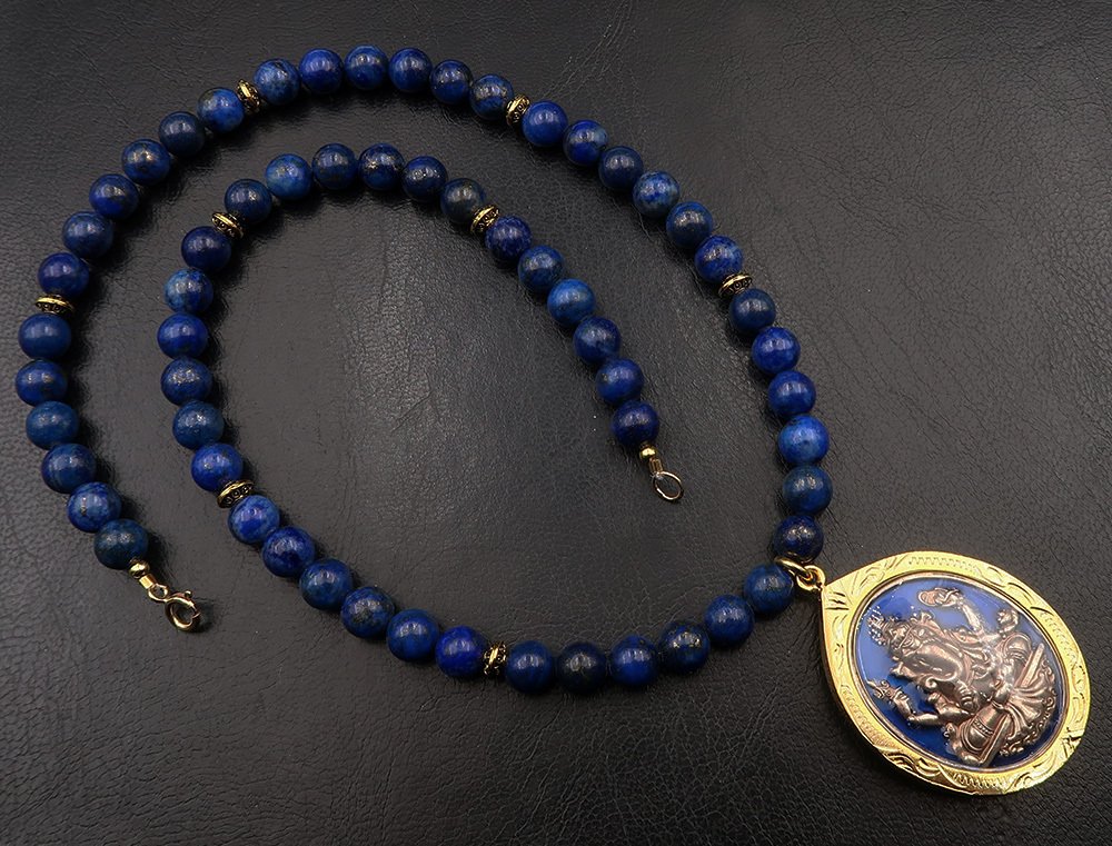 青金石 - 佛教项链 - 圣物盒 - 天神Ganesh - 消除障碍 - 14k镀金扣 - 项链 #3.2