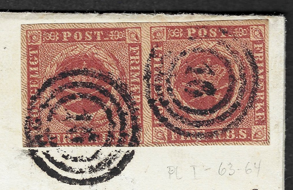 Danmark 1851/54 - Våpenskjold 4 RBS - Par på forsiden - Flensbury til Kjøbenhavn - Moller-sertifikat. - N. 1 #2.1