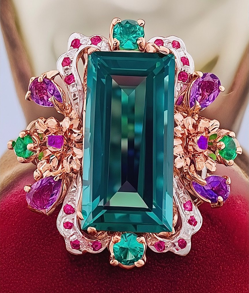 没有保留价 - 戒指 - 9 kt. 玫瑰金, 银 电气石 - 混合宝石 #1.0