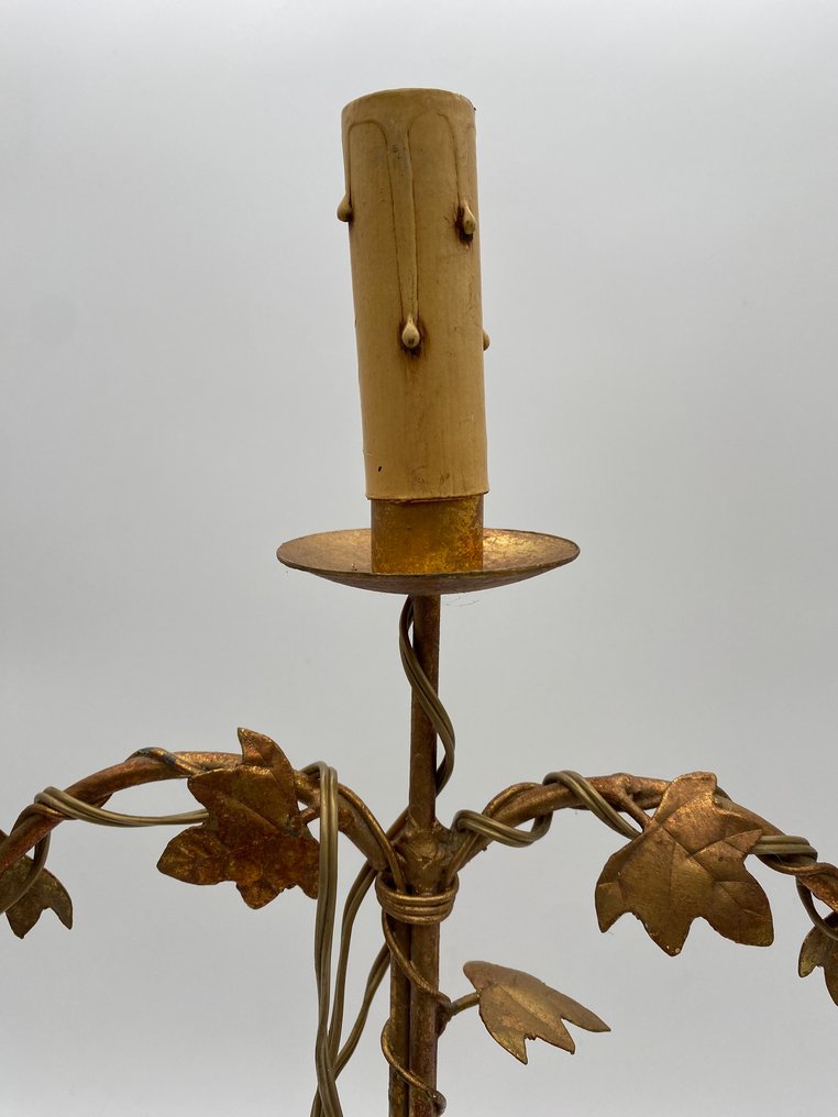 Επιτραπέζιο φωτιστικό (2) - Ζευγάρι φωτιστικά τοποθέτησης από χρυσό σίδερο – διακόσμηση με φύλλα – γαλλική κατασκευή - Στυλ: - Μέταλλο #4.3