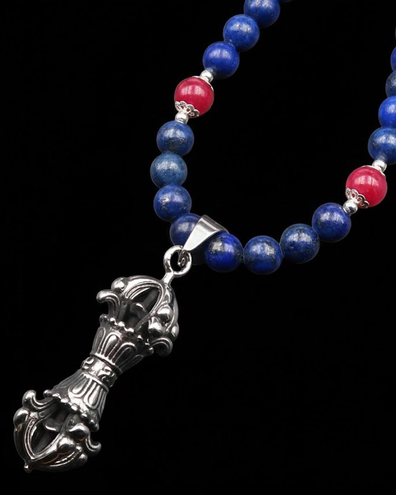 青金石 - 红宝石 - 佛教金刚杵项链：内心平静与精神平衡 - 扣子，珠子 - 吊坠项链 #3.2