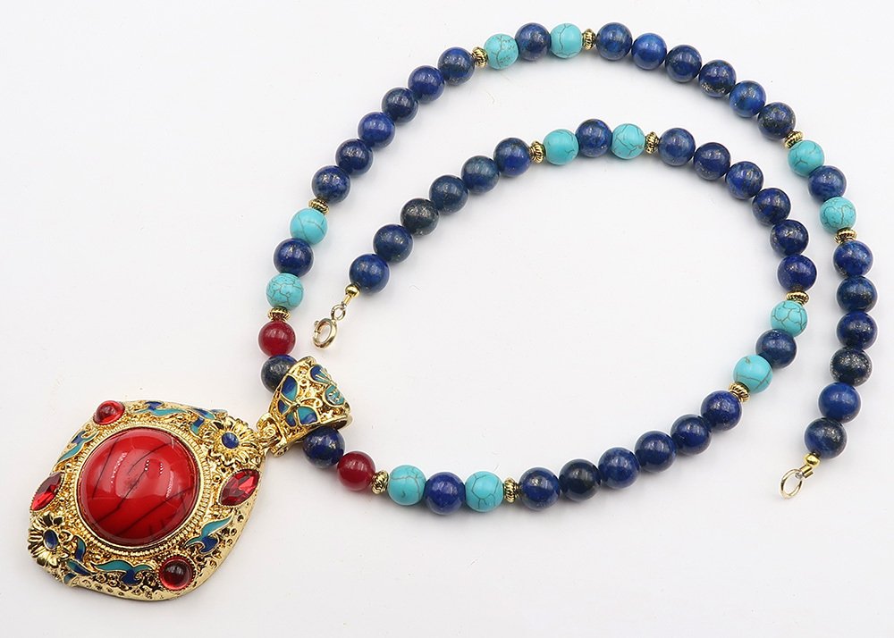 青金石 - Rubis - 海蓝宝石松石 - 佛教冥想项链 - 驱除负能量 - 14K GF黄金扣 - 吊坠项链 #4.3