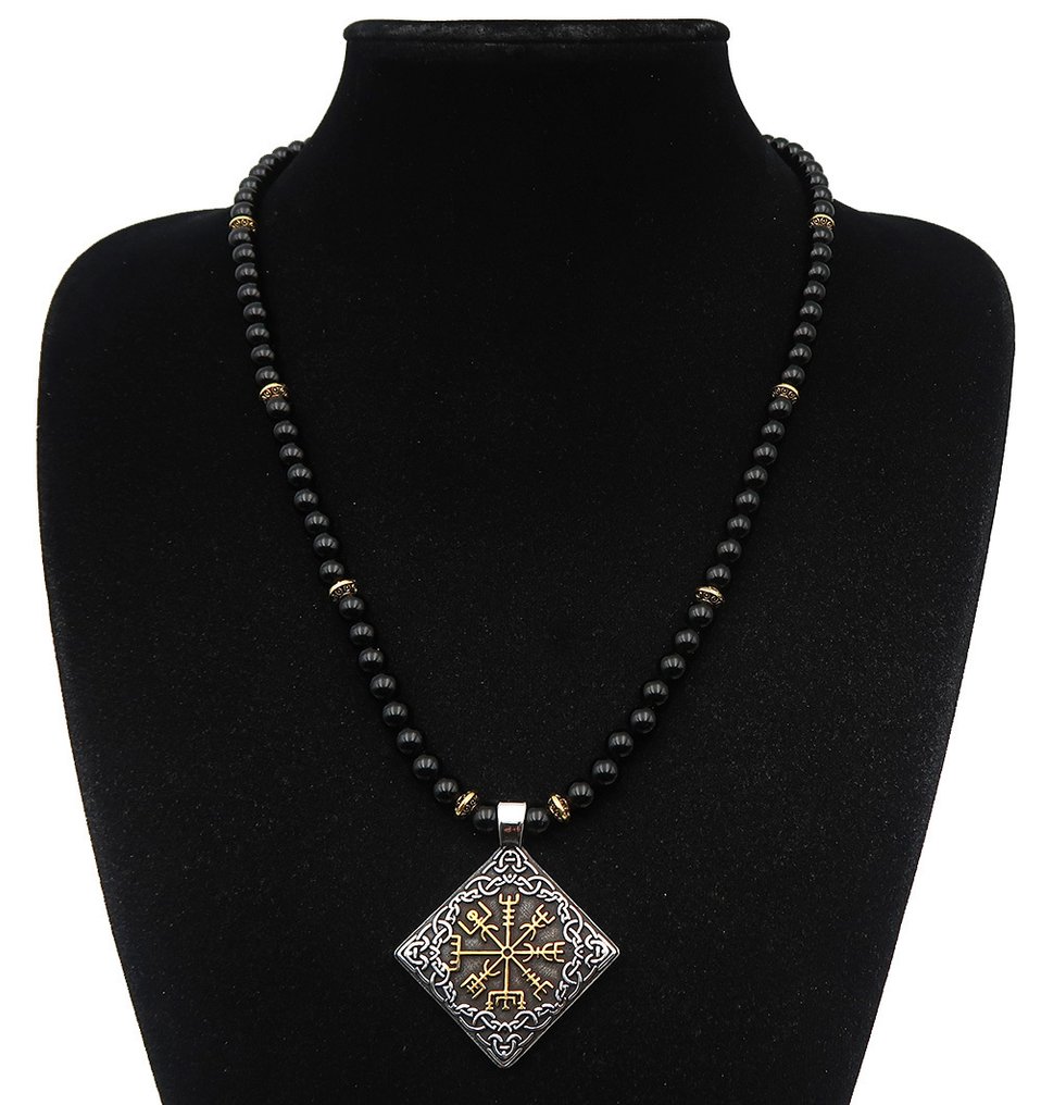 黑曜石指南针维京Vegvisir——永恒指引与掌控命运，14K GF黄金扣 - 吊坠项链 #1.0