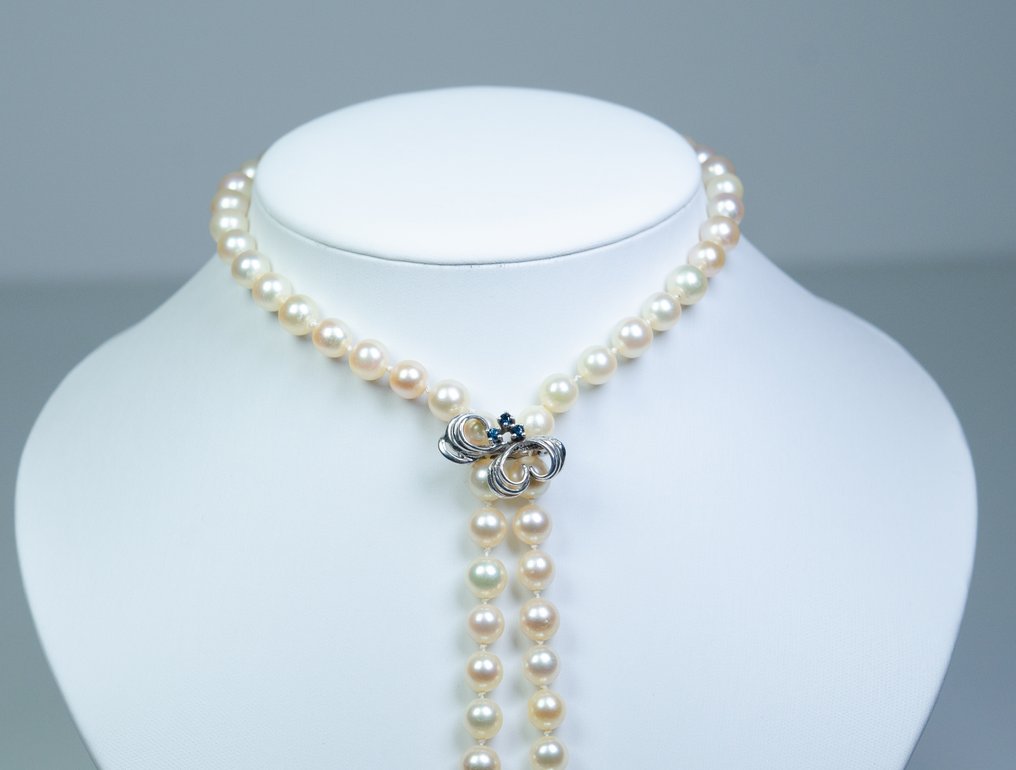 χωρίς τιμή ασφαλείας - Κολιέ - Ασήμι 925 - Ø 7,5-8 mm μαργαριτάρια Akoya - 0,15 ct σάπιοι - 85 cm - ατελείωτο #1.0