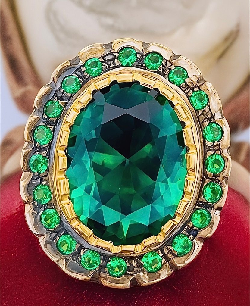 沒有保留價 - 戒指 - 9 節 黃金, 銀 祖母綠 - 祖母綠 #1.0