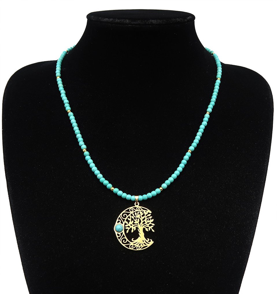 Howlite 绿松石-神圣生命树/月亮–女神觉醒，绝对保护-14K GF金质扣 - 项链 #1.0