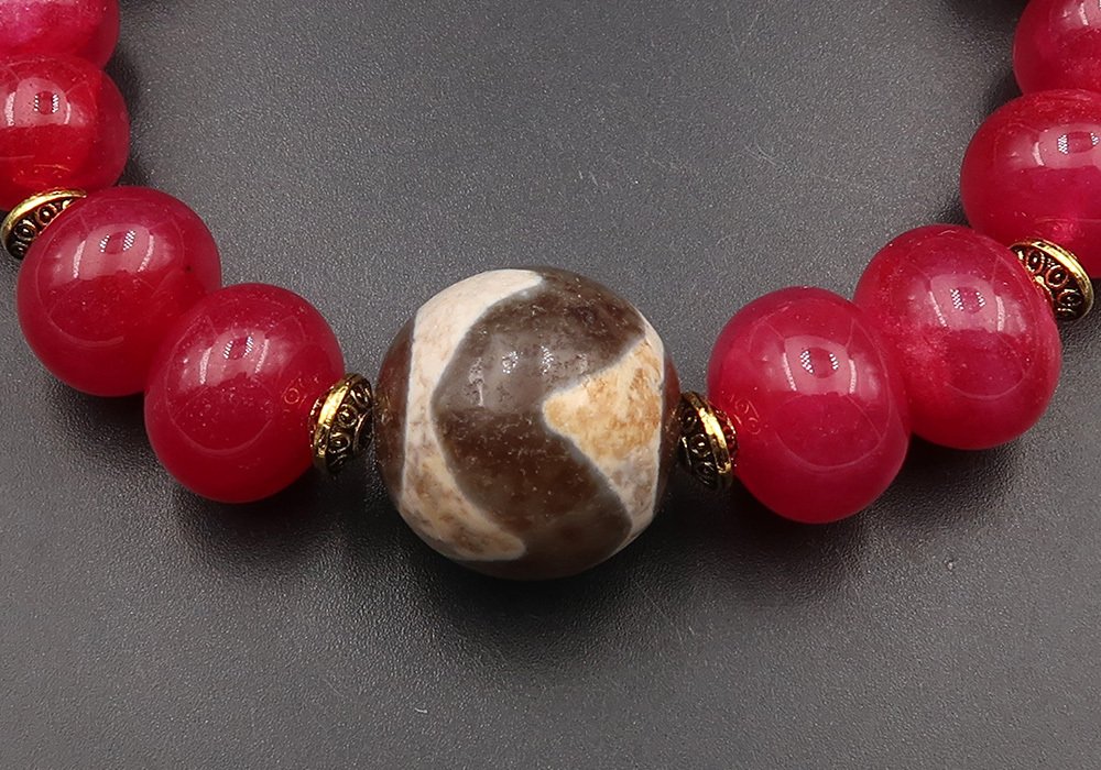 红宝石 — 佛教手链 — Dzi 福波 — 财富与成功 — 14K 金镀金扣 - 手镯 #4.3