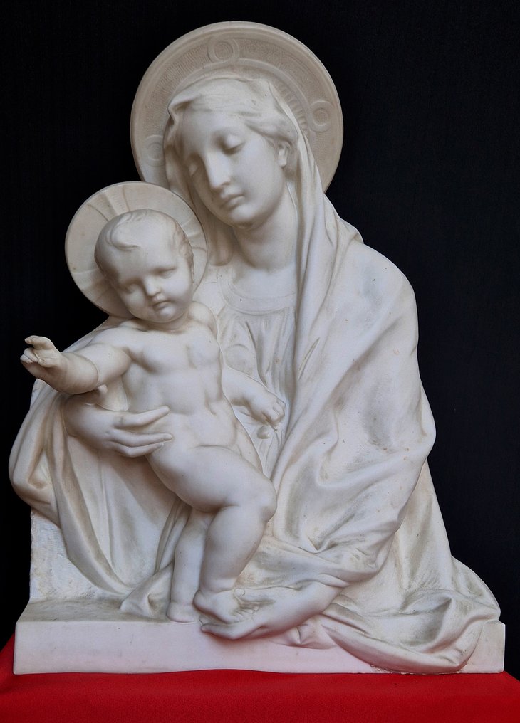 Lodovico Pogliaghi (1857 - 1950) - Γλυπτό, Madonna con Bambino - 80 cm - Μάρμαρο Carrara #2.1