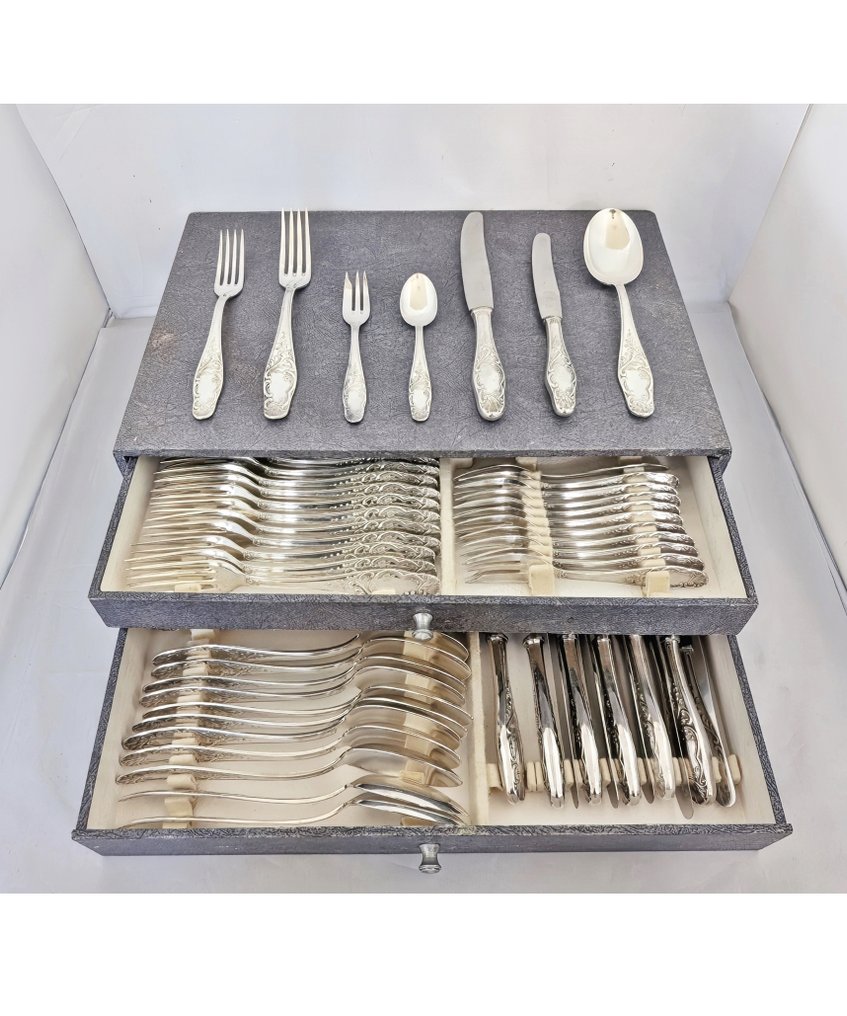 Alpaca Silber 100 Solingen - Cubertería para 12 (84) - Rococo Louis XV - Plateado #1.0