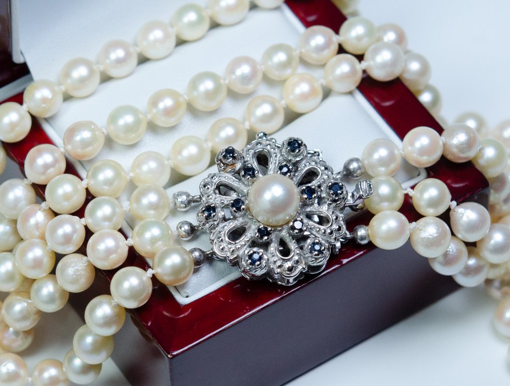 Sem preço de reserva - Colar - 835 Silber - Pérolas Akoya - 0,50 ct Safira - tripla fileira #3.2