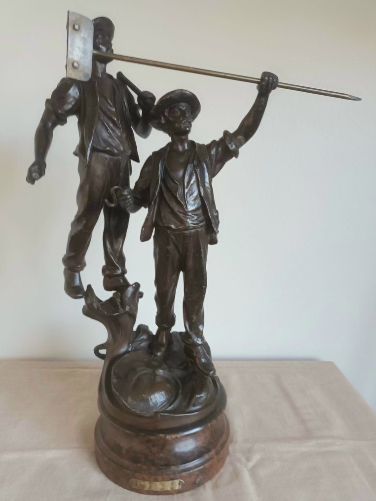 Statue, Dubbelbeeld van 2 Arbeiders - 45 cm - Wood, Spelter #1.0