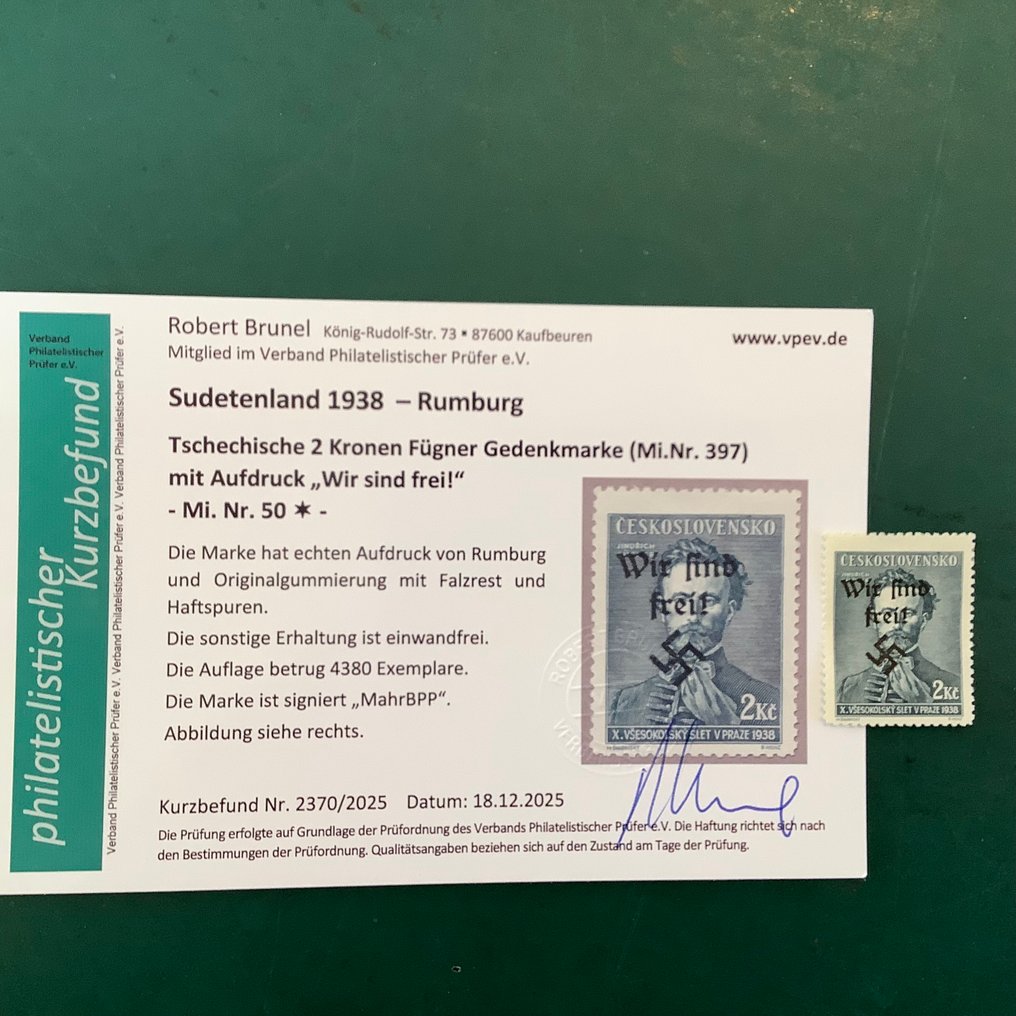 波希米亚和摩拉维亚 1938 - Rumburg:2 克朗邮票,Fuger,带有‘我们已获释’的印刷——最新的完好无损检验报告由 Brunel 出具。 - Michel 50 #1.0