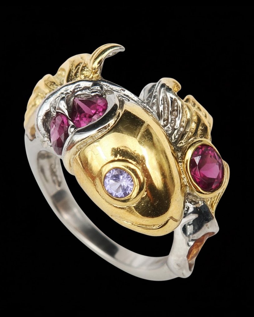 坦桑石 - 银, 金鱼之鱼（锦鲤）：丰饶、好运与坚持 - 925纯银、黄水晶、石榴石 - 戒指 #1.0