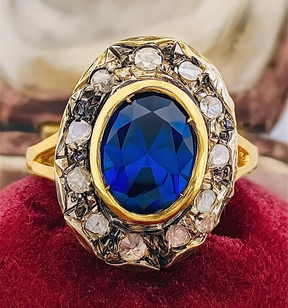 没有保留价 - 戒指 - 9 kt. 黄金, 银 蓝宝石 - 钻石 #1.0