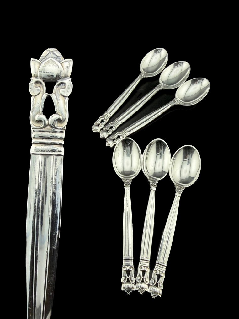 Georg Jensen - Σετ μαχαιροπήρουνων (6) - ACORN - 925 ασήμι - Δημιτασές, κουταλάκια μοκα. #1.0