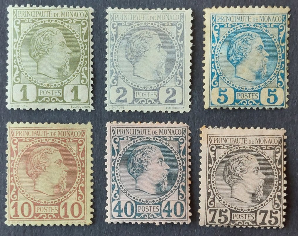 摩納哥 1885 - 查尔斯三世王子，一套6枚系列邮票 - Yvert 1, 2, 3, 4, 7 et 8 #1.0