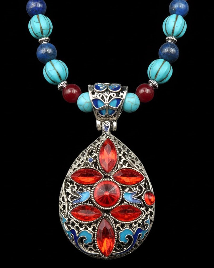 青金石 - 红宝石 - 海蓝宝石绿松石 - 佛教冥想项链 - 驱除负能量 - 银色扣环 - 吊坠项链 #1.0