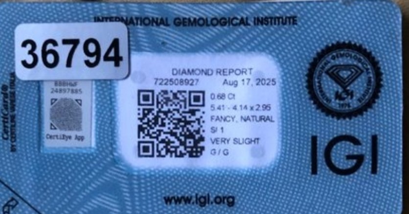 1 pcs Timantti  (Luonnollinen)  - 0.68 ct - Suorakulmio - SI1 - Kansainvälinen gemologinen instituutti (IGI) #2.1