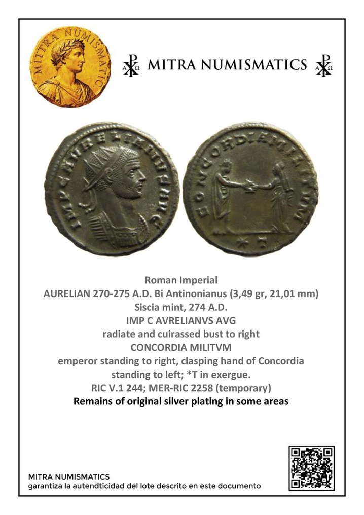 Romarriket. Aurelian (AD 270-275). Antoninianus Siscia mint, 274 A.D. CONCORDIA MILITVM, *T in exergue.  (Ingen mindstepris) #3.2