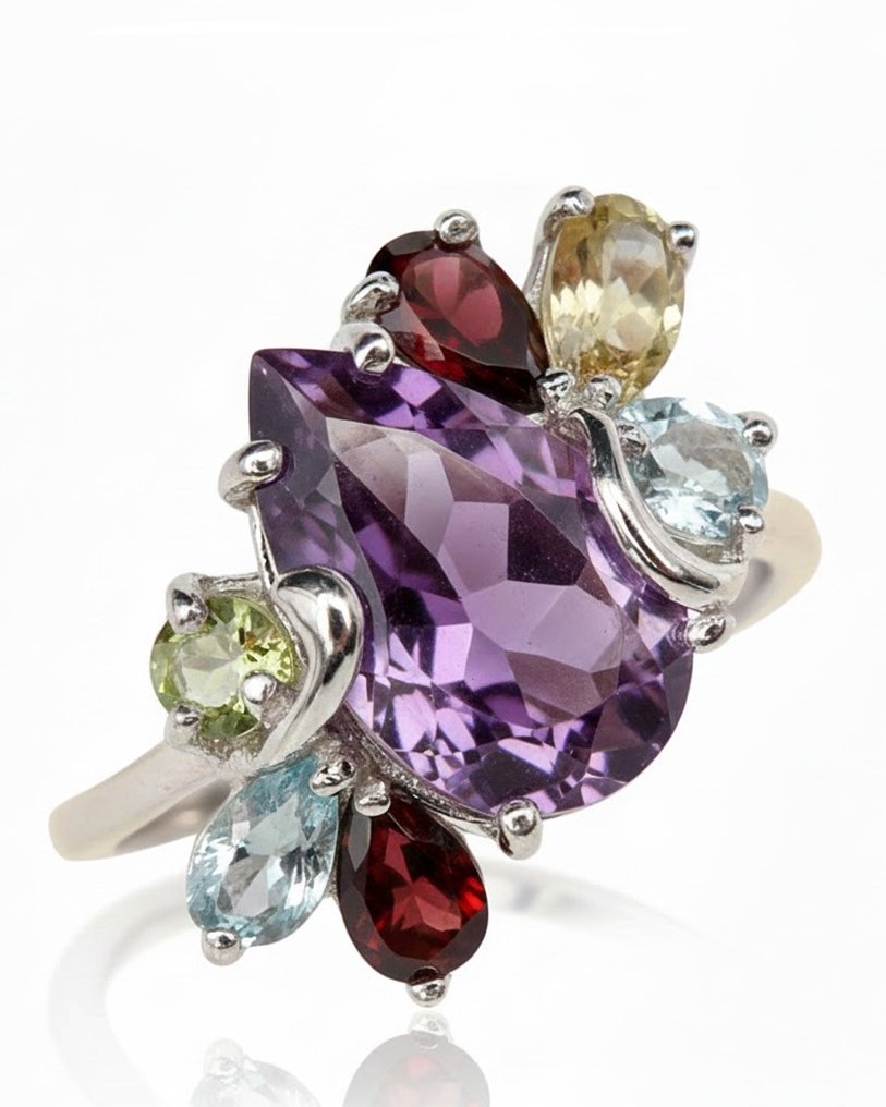 紫水晶 - 银, “五宝花园”戒指：平衡与生活的喜悦——蓝宝石、石榴石、橄榄石——银质。 - 戒指 #2.1