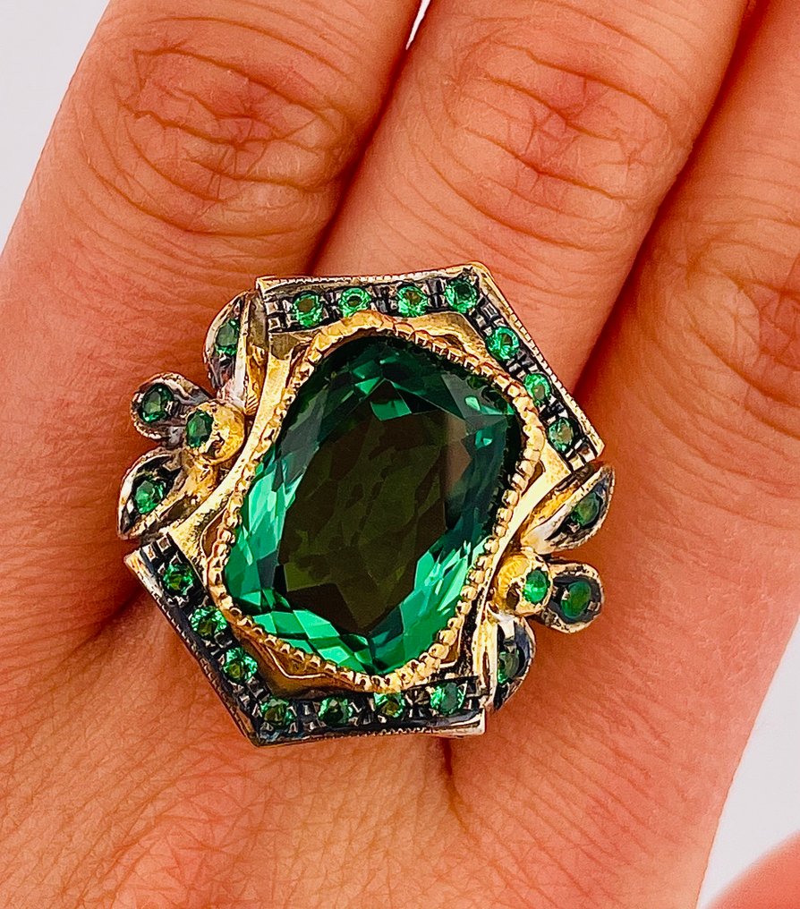 χωρίς τιμή ασφαλείας - Δαχτυλίδι - 9 kt. Κίτρινο χρυσό, Ασημί Σμαράγδι - Σμαράγδι #4.3