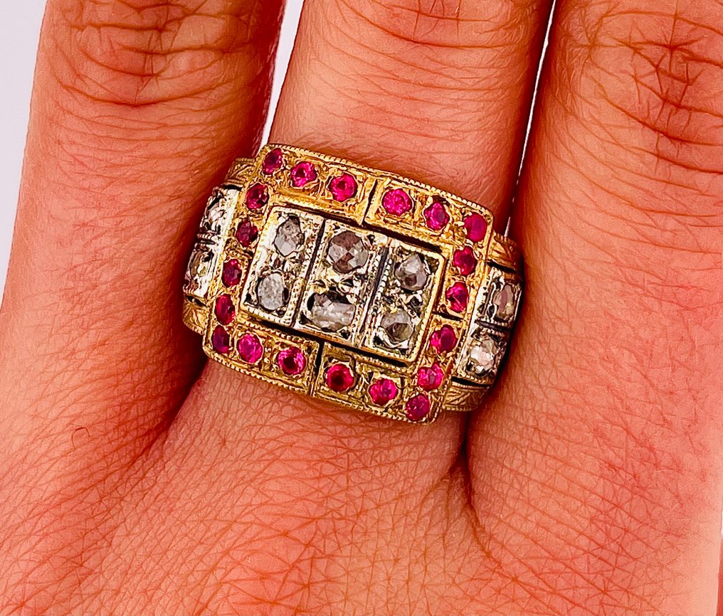 沒有保留價 - 戒指 - 9 節 黃金, 銀 鉆石 (天然)  - 紅寶石 #4.3